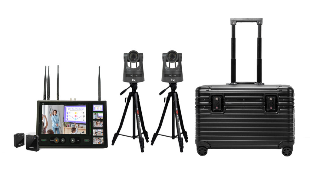 portable recording studio package with two cameras and recording device and suitcase for storage