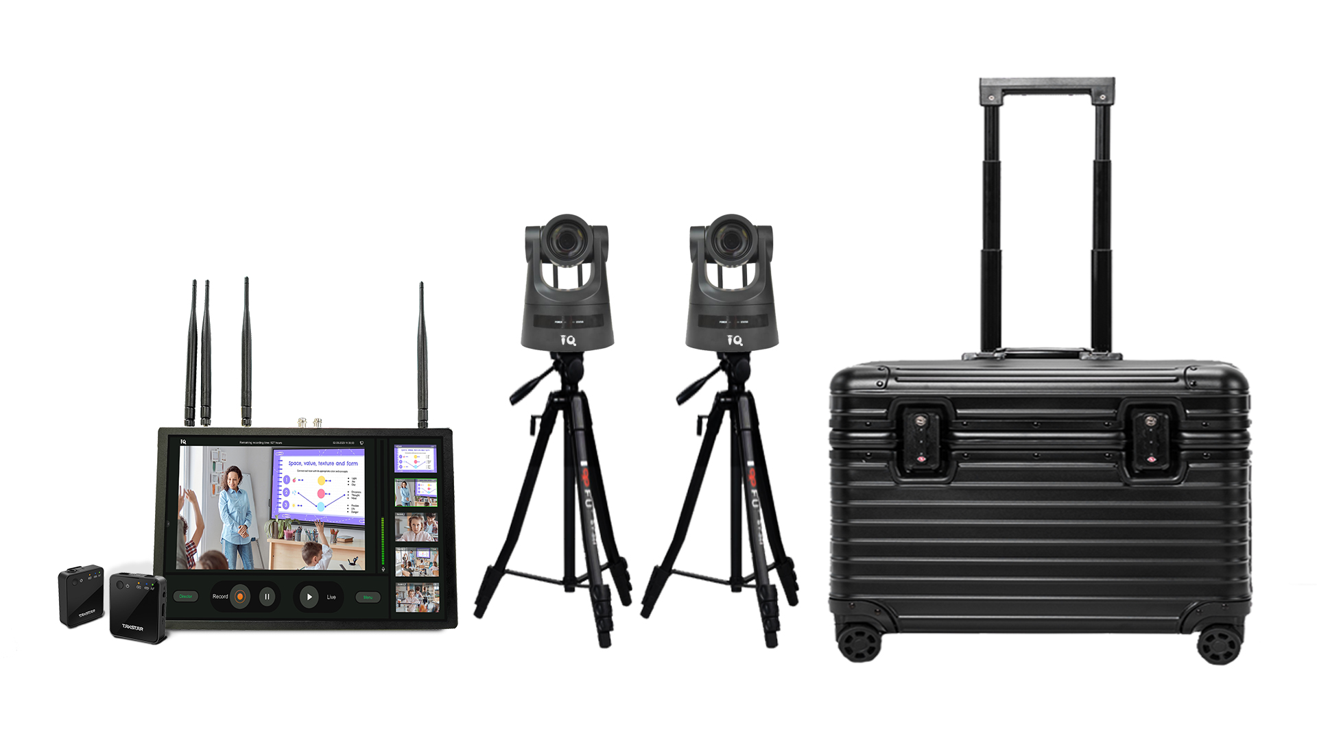 portable recording studio package with two cameras and recording device and suitcase for storage